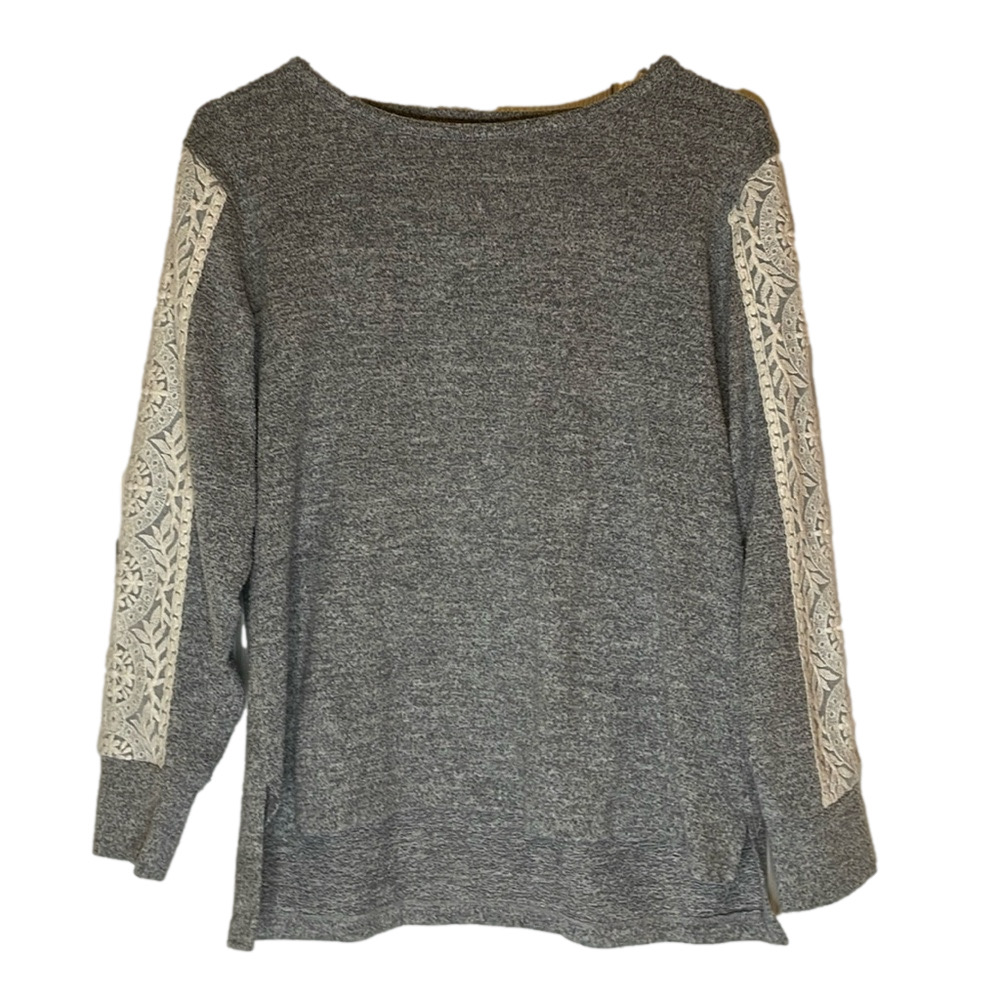 FN by FLORA NIKROOZ Sweater Lace Sleeve Top, Women’s M, Heather Gray White
